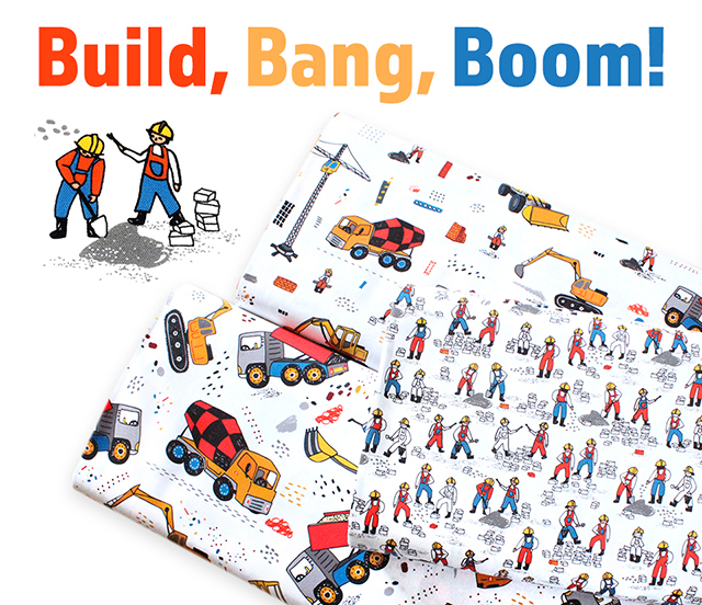 Robert Kaufman のはたらく車・工事現場柄の生地 Build, Bang, Boom!